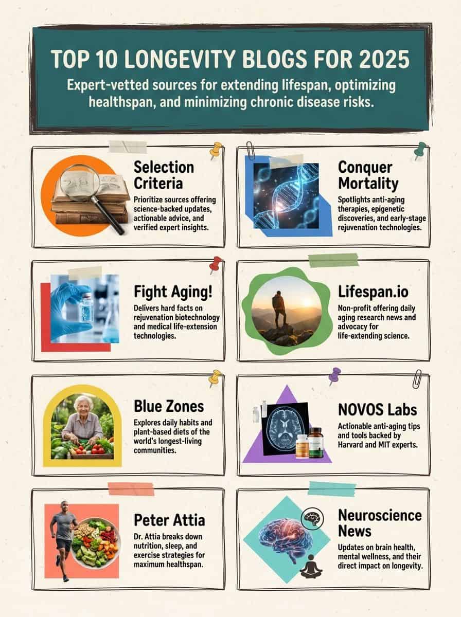 A colorful infographic displaying the top 10 longevity blogs for 2025, including sources on aging, health, and lifespan. Highlights include strategies from leading researchers like Dr. Peter Attia, Lifespan.io, and NOVOS Labs, emphasizing scientific research, anti-aging therapies, healthy habits, and lifelong wellness. Ideal for individuals interested in longevity, aging science, and health optimization.