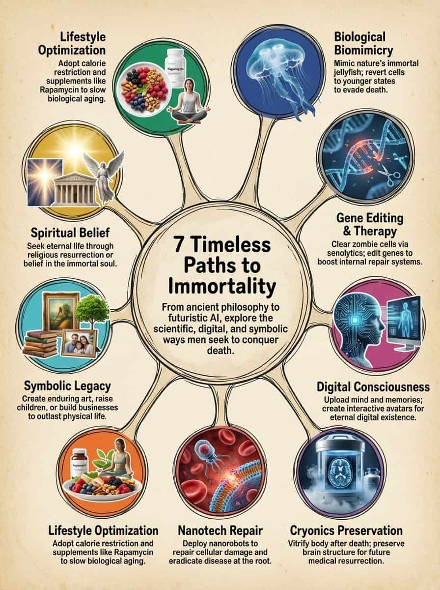 How To Become An Immortal Man: 7 Timeless Paths Alt text: Infographic showcasing seven timeless paths to immortality including biological, spiritual, technological, and artistic methods.