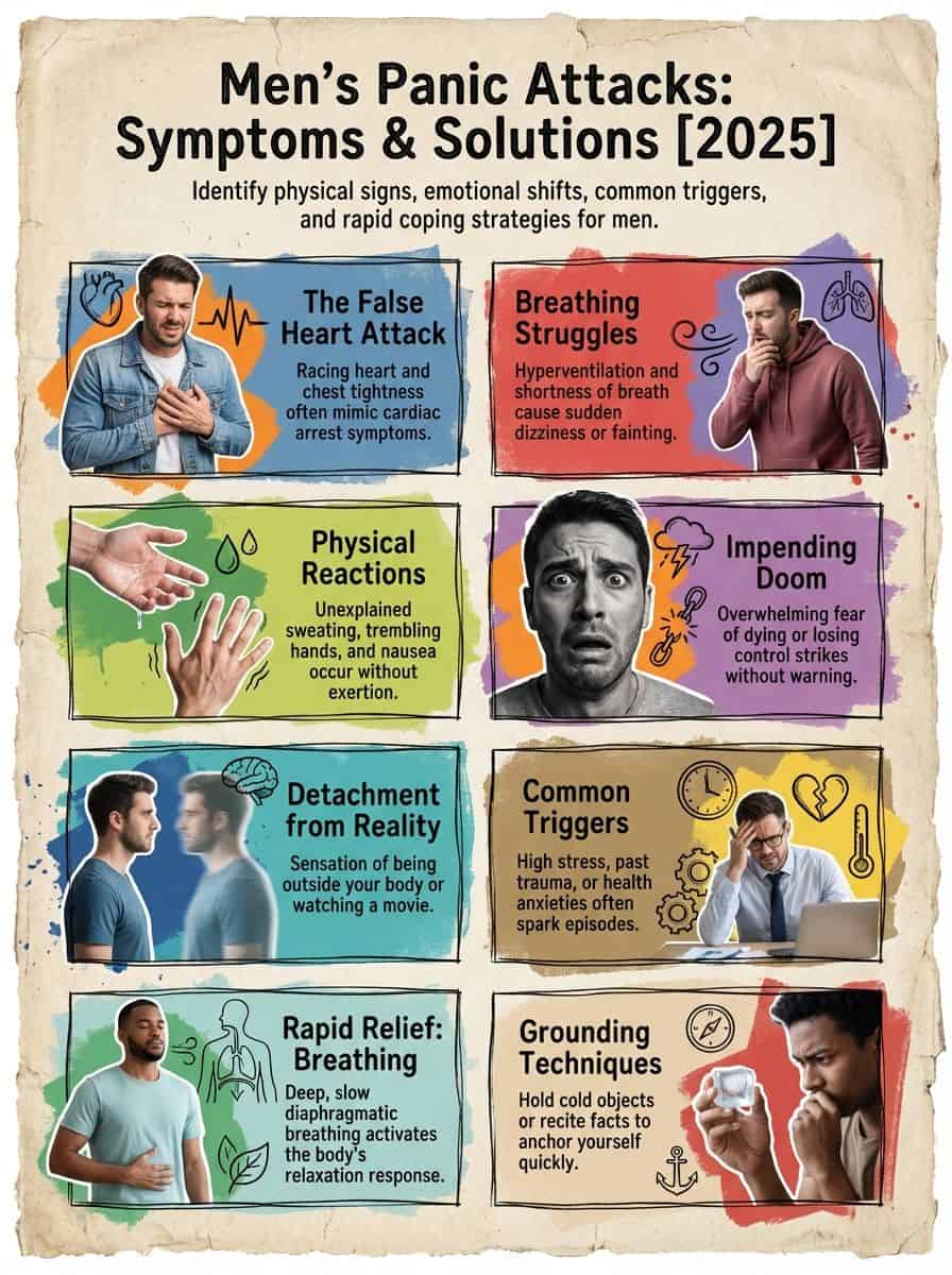A detailed infographic on men's panic attack symptoms & solutions for 2025, highlighting physical signs, emotional shifts, triggers, and quick coping strategies like grounding techniques and breathing relief.