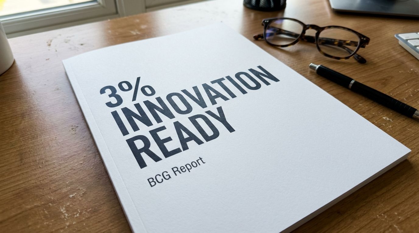 A printed report cover showing a statistic about innovation readiness. A printed report cover showing a statistic about innovation readiness.