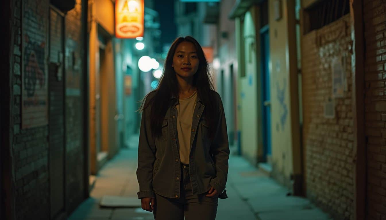 A young woman casually walks through a cluttered alley in Downtown Miami at night, enjoying a relaxed evening stroll. Young woman walking at night in an urban alleyway, illuminated by colorful city lights, capturing a modern city lifestyle and nightlife scene.
