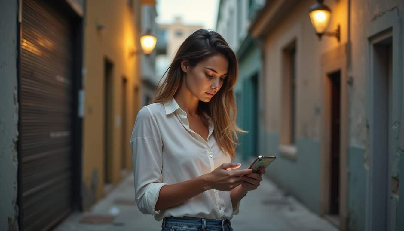 A woman in her 30s casually checks a map on her phone while standing in a worn alleyway near Fisher Island. Young woman using smartphone in urban alleyway, casual fashion, modern lifestyle, city street scene, daytime photography, stylish female, communication technology.