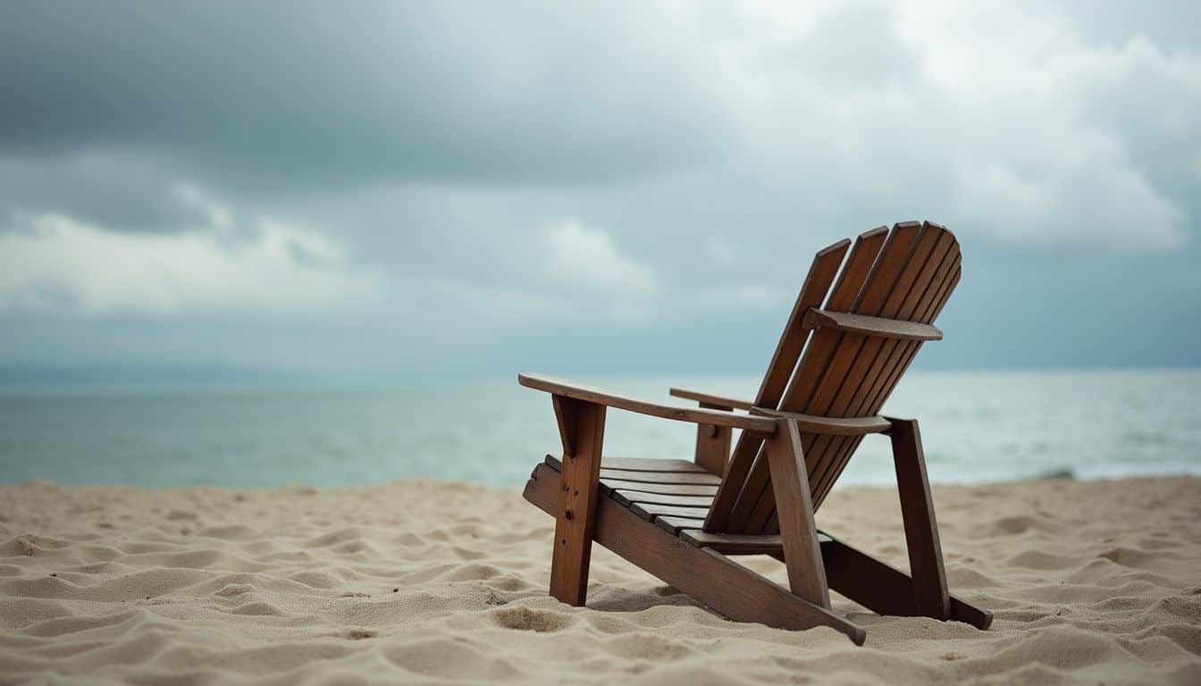 An empty wooden beach chair faces the ocean as dark clouds gather, suggesting an approaching storm. Relaxing empty wooden beach chair on sandy shore with ocean and cloudy sky in background.