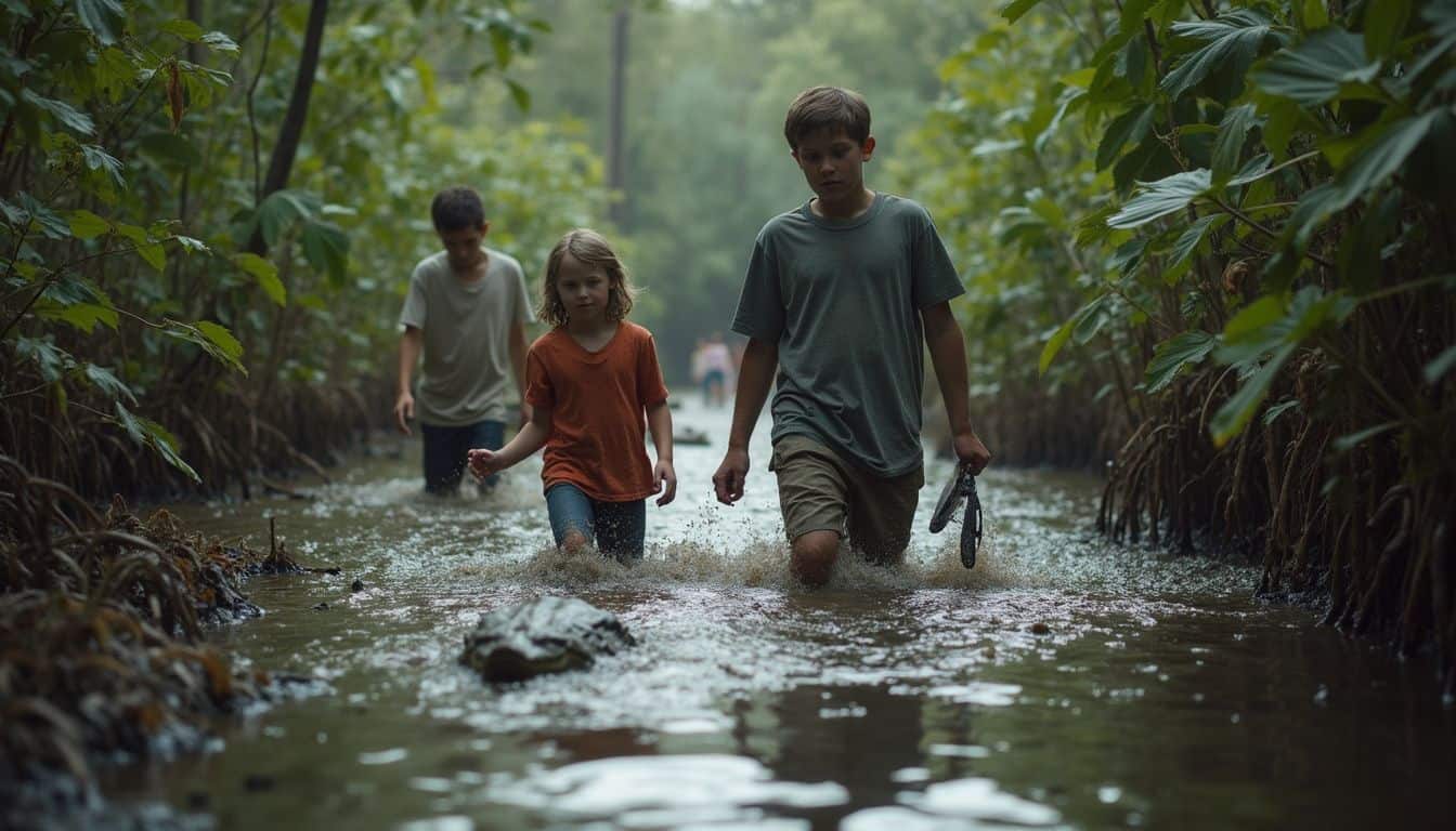 A family cautiously navigates a muddy Florida swamp, surrounded by dark water, thick plants, and lurking wildlife. Wading through a shallow muddy forest stream with three children exploring nature and enjoying outdoor adventure.