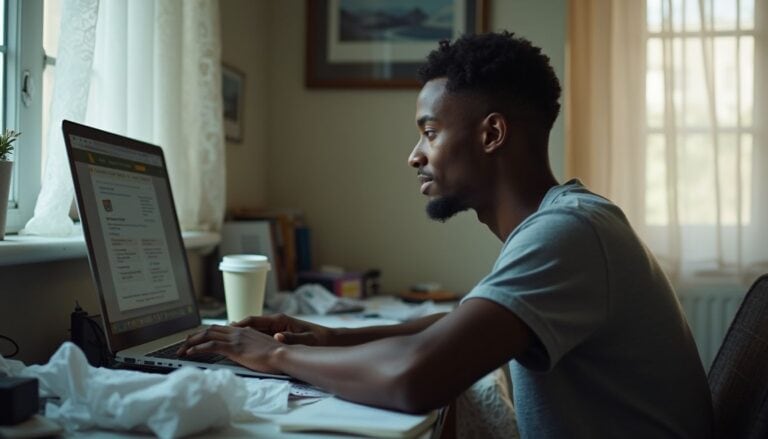 Young man working on a laptop at a cluttered desk in a bright room, focusing on online tasks, representing modern work or study environment.
