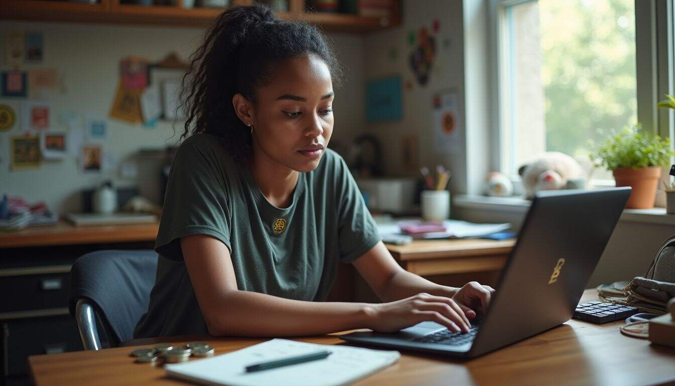 A young woman casually explores Bitcoin investing at her cluttered home desk with a laptop and handwritten notes. Clipboard with coins, pencil, and paper on wooden desk in front of young woman working on laptop in cozy home office, natural daylight.