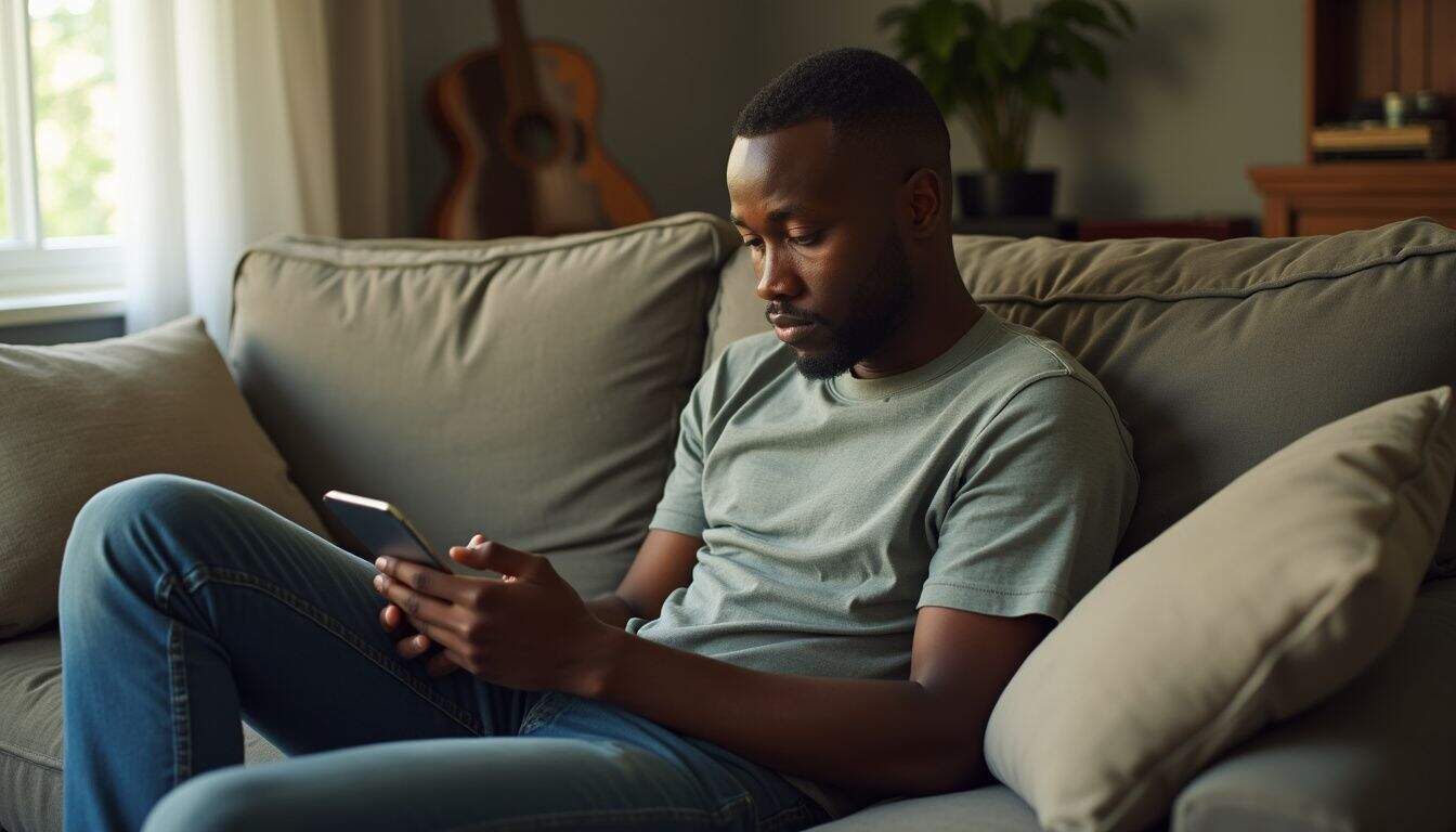 A young man casually scrolls through Bitcoin investments on his phone while sitting on a worn couch amidst scattered change. Beautiful young man relaxing on sofa at home, using smartphone, casual lifestyle, modern interior.
