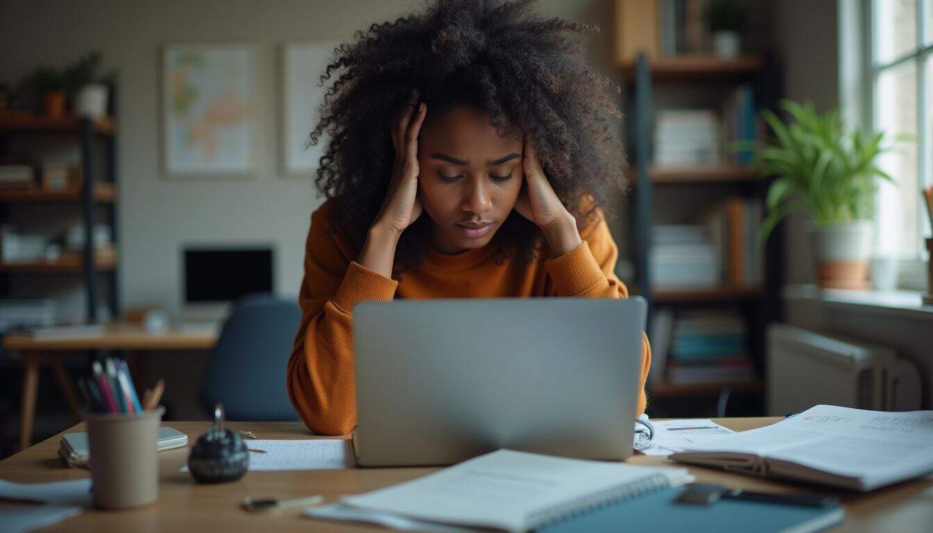 A young woman looks frustrated while navigating her Bitcoin investments at a cluttered desk on a challenging market day. Overwhelmed woman working with laptop at cluttered desk, stressed and frustrated, in a home office setting.
