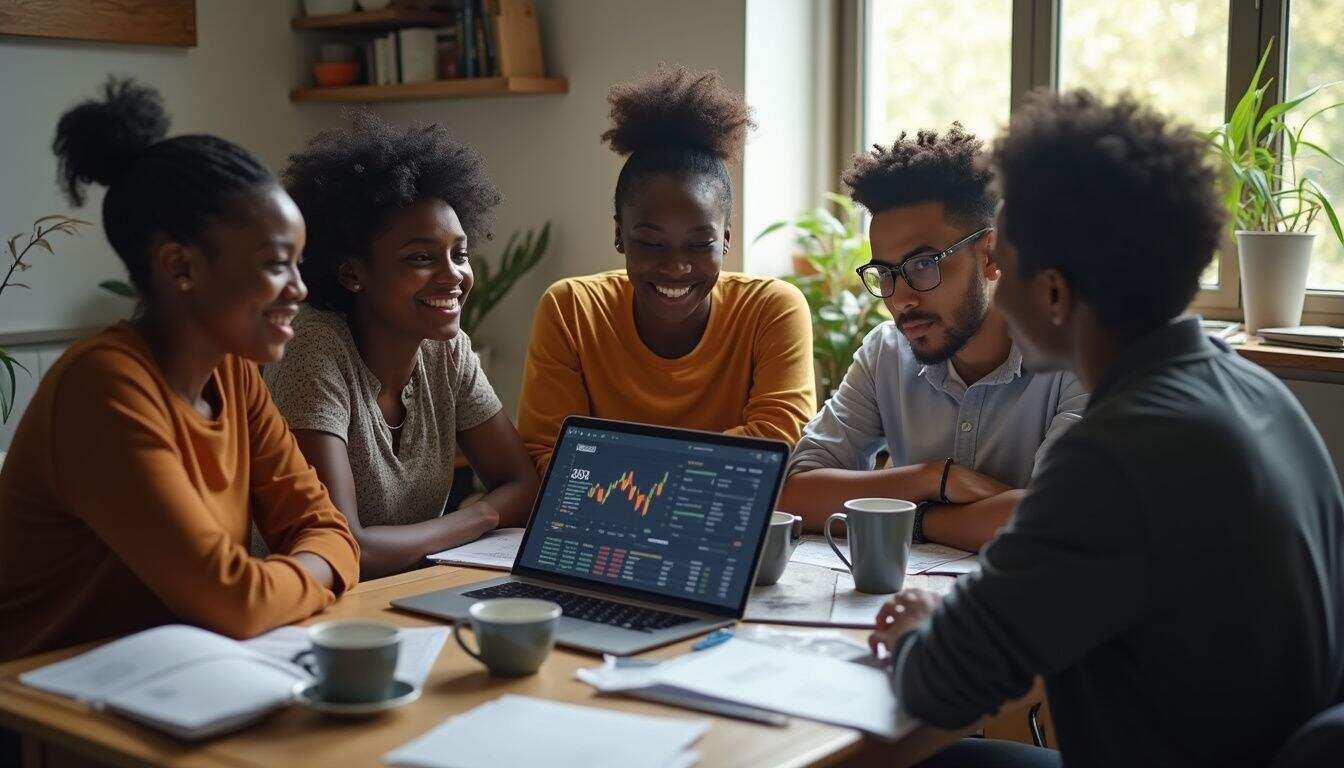 A group of friends casually discusses Bitcoin investments around a cluttered table with a laptop. Young diverse colleagues collaborating over stock market data in a modern office, emphasizing teamwork and financial analysis, ideal for business, finance, and corporate themes.