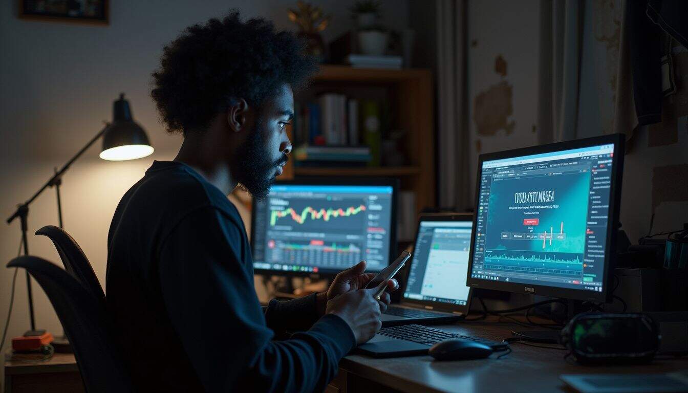 A person casually checks cryptocurrency sites at a messy desk, surrounded by everyday items and multiple screens. Playing stock trading on a smartphone at a home office with multiple screens displaying financial charts and data.