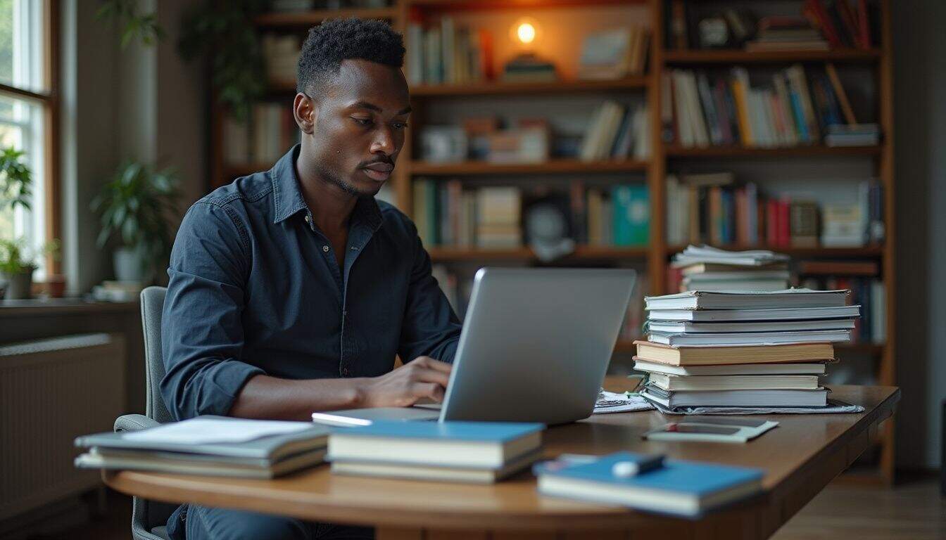 A young man sits at a cluttered desk, focused on cryptocurrency charts and surrounded by books on finance and investing. Stack of books and a laptop on a cluttered desk in a cozy home office.