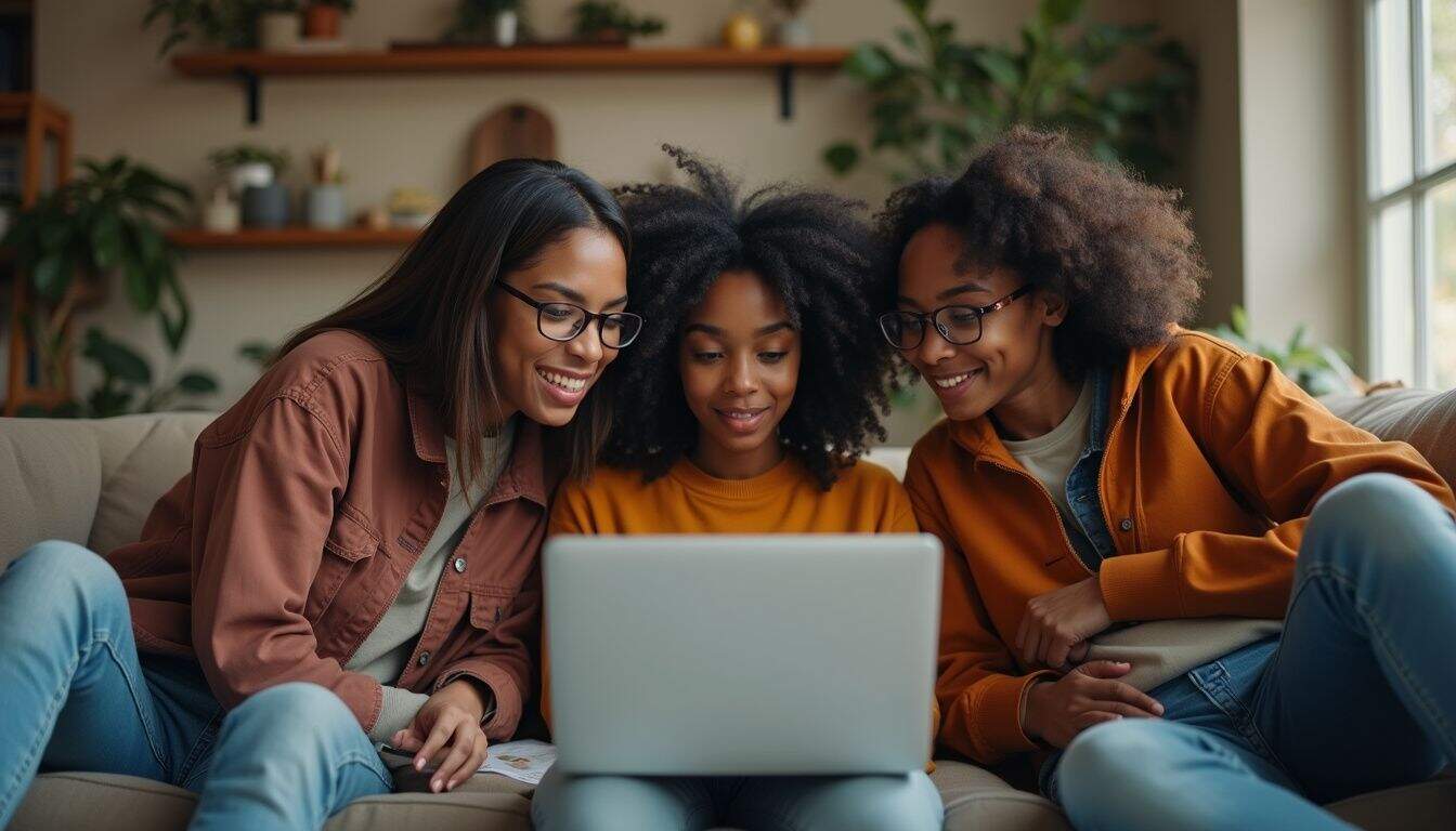 A group of young adults casually gathers around a laptop, exploring Bitcoin investment sites in a relaxed living room. Diverse women enjoying a casual moment together while looking at a laptop, capturing friendship, community, and relaxed indoor environment.