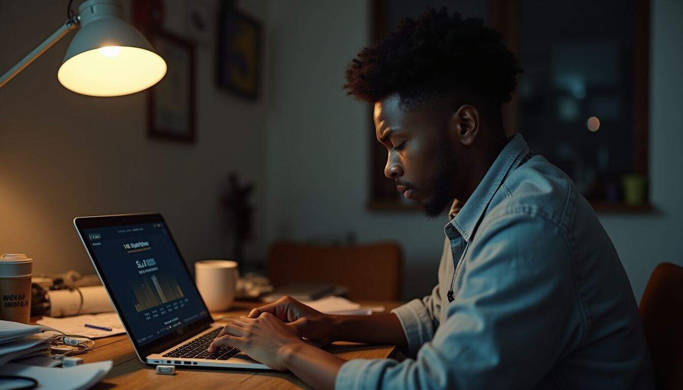 A young person looks frustrated at their messy desk while checking a small Bitcoin balance on their laptop. A young man working on a laptop at night with a focused expression, illuminated by a desktop lamp in a cozy, cluttered home office.