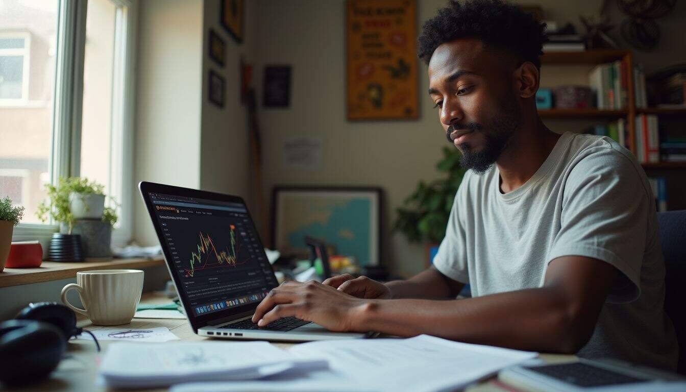 A young man is casually typing on his laptop at a cluttered desk, focused on cryptocurrency trading. Stock trading analysis, man analyzing financial charts on laptop for investment strategies, focused on trading and stock market insights, modern workspace with plants and books.