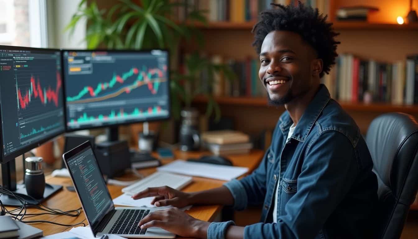 A person in their early 30s is working at a cluttered desk filled with financial books and screens showing Bitcoin charts. High-tech stock trader working with multiple monitors displaying financial charts and data at a modern desk, illustrating successful investing and trading activities.