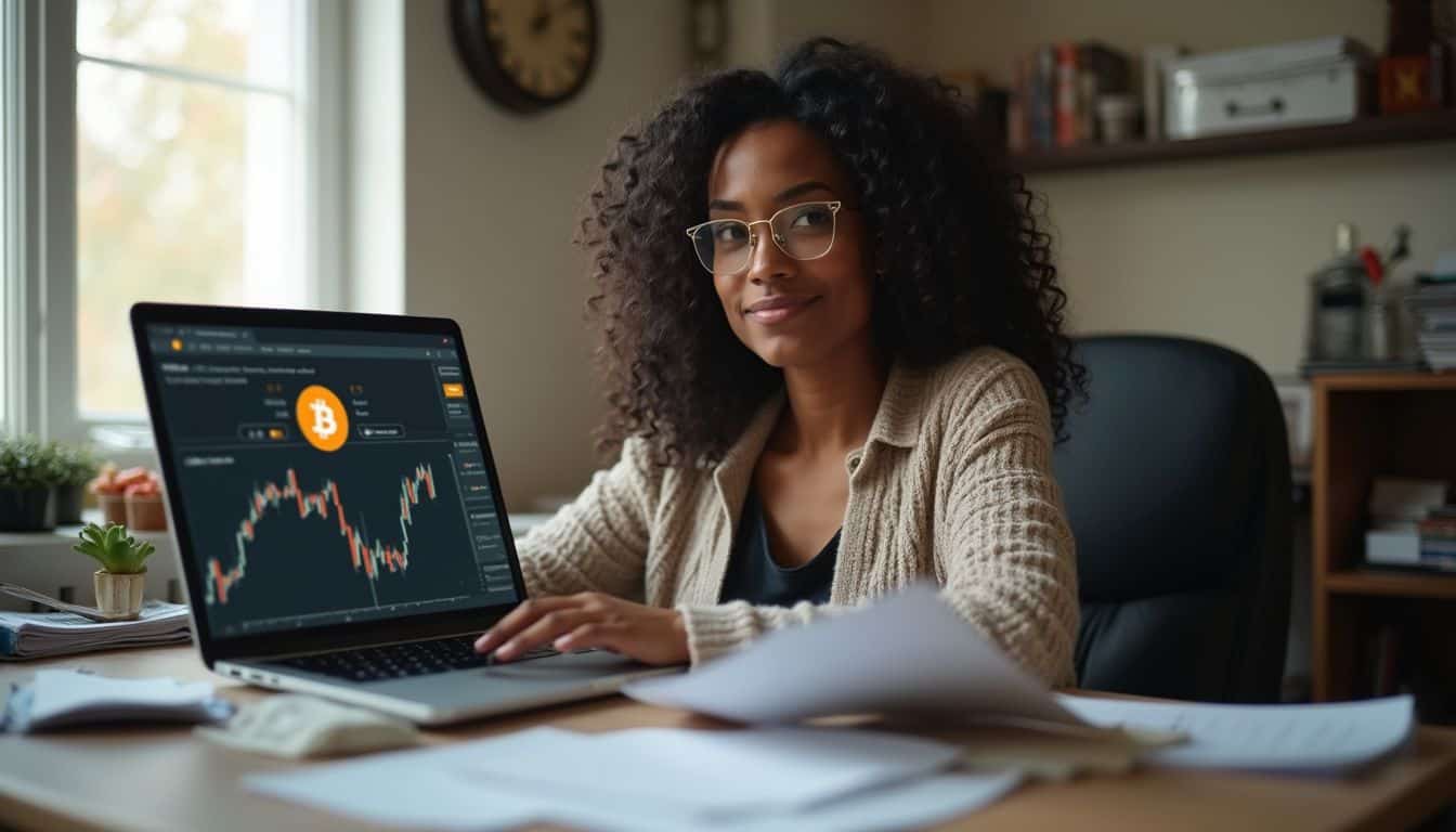 A woman casually sits at a cluttered desk, exploring bitcoin investing on her laptop amidst related papers. Bitcoin trading woman analyzing cryptocurrency market on laptop at home, cryptocurrency investment, financial market analysis, modern workspace, digital currency trading, stock market, financial success, cryptocurrency enthusiast.