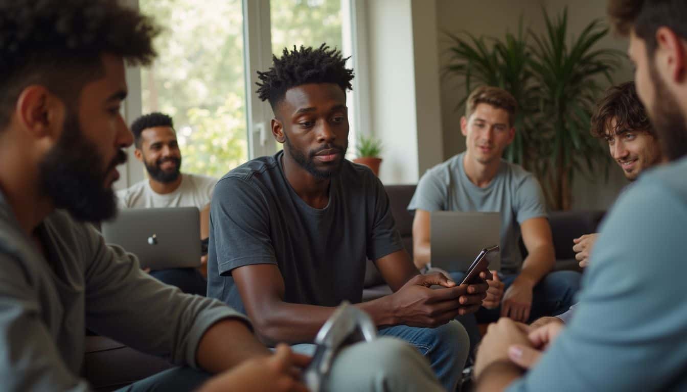 A group of friends casually discusses Bitcoin investments in a comfortable, cluttered living room. Young men socializing and using smartphones in a casual indoor setting, reflecting modern lifestyle and friendship.