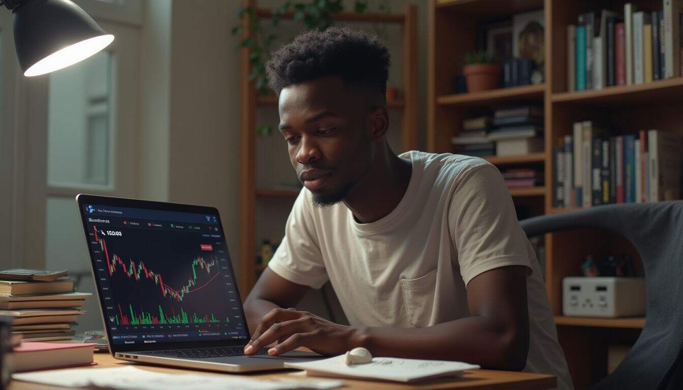 A young man contemplates a Bitcoin investment while sitting at his cluttered desk with an open laptop and notes. Young man analyzing stock trading charts on laptop in a home office setting.