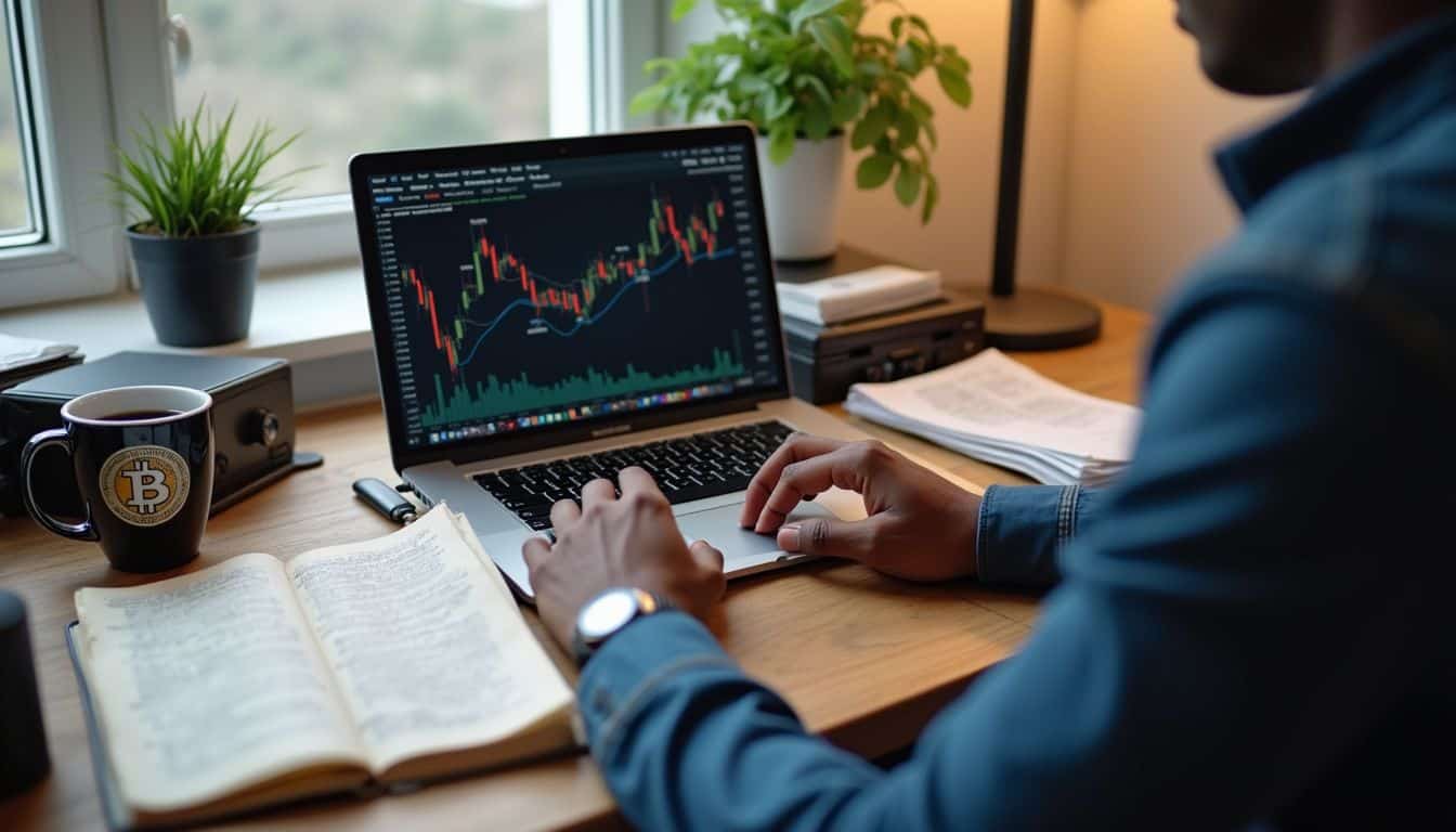 A person works at a messy home office desk with a laptop displaying a Bitcoin price chart and market notes. Stock market trading analysis on a laptop with financial charts and data.