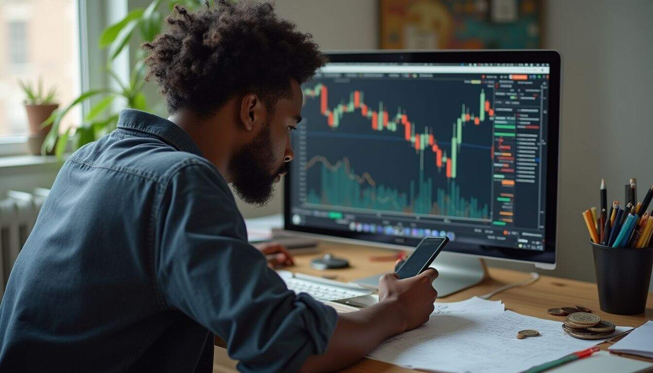A person sits at a messy desk, looking frustrated while checking Bitcoin prices on their computer screen. Forex trading analysis using a smartphone and computer screens at a cluttered desk.