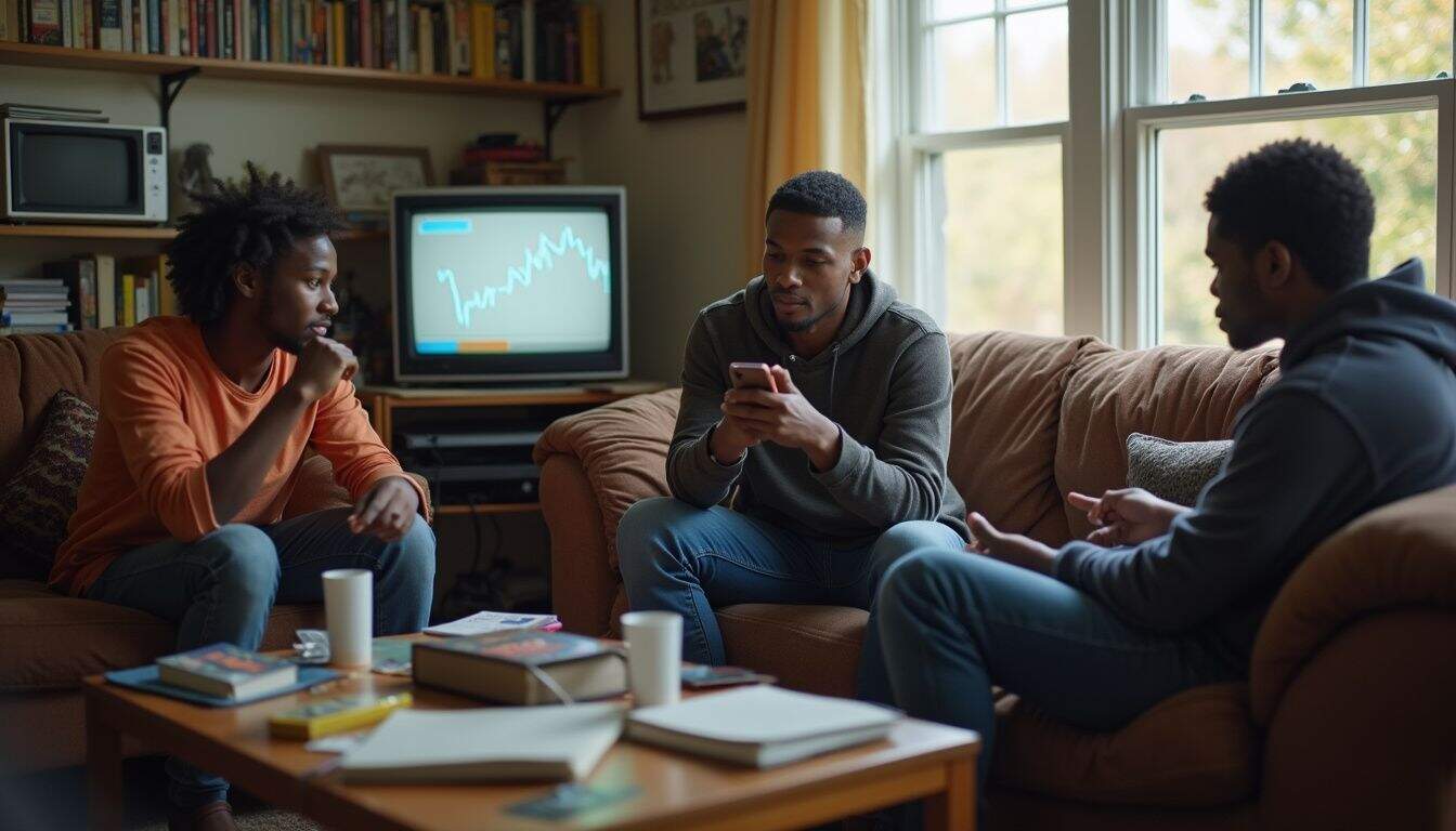 A group of friends discusses Bitcoin investments while lounging in a casual, cluttered living room. A young man showing a smartphone to two friends during a casual indoor gathering, with a cozy living room setting, books, and a TV displaying a graph in the background.
