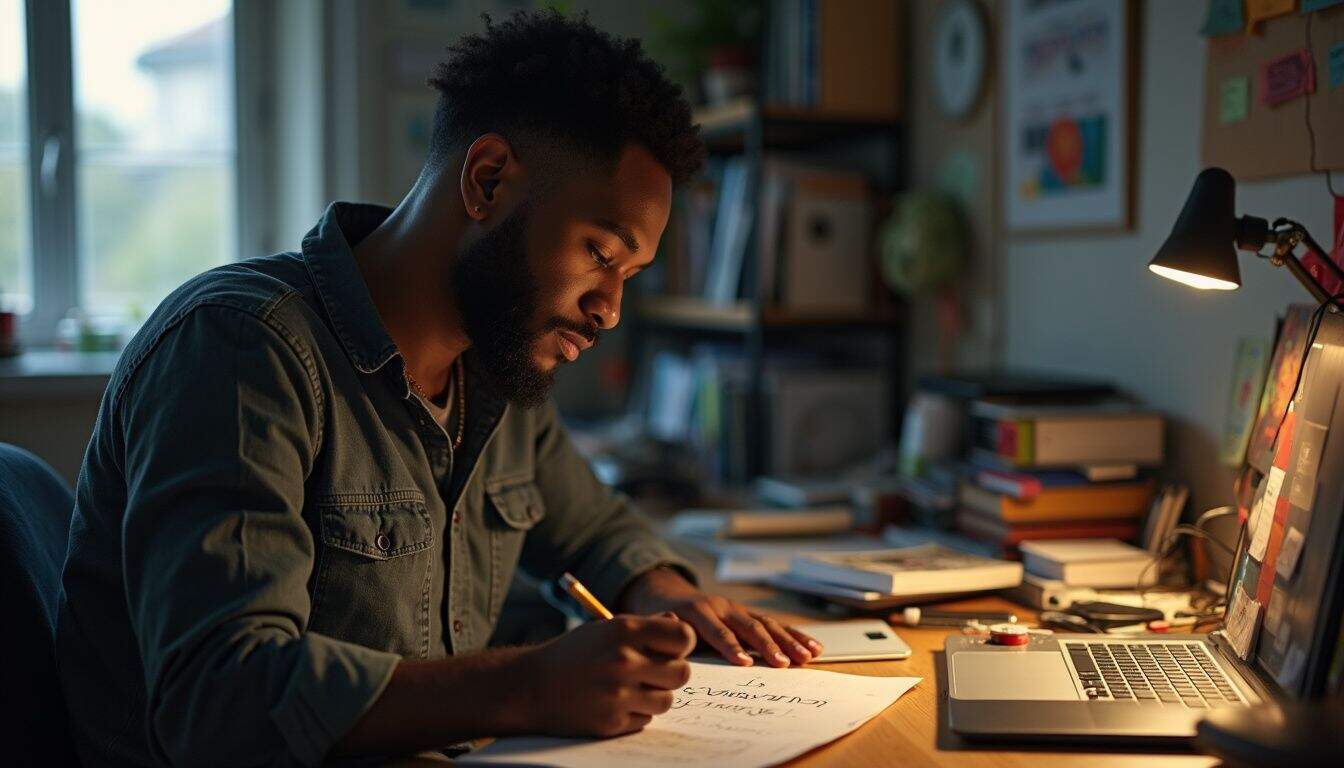 A man sits at a cluttered desk, focused on writing a recovery phrase on a scrap of paper. Focused young man studying and taking notes at desk with books, laptop, and desk lamp, representing dedication to self-improvement and personal development for Unfinished Man website.