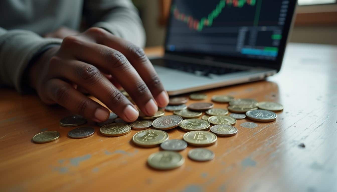 A hand rests casually among scattered coins and Bitcoin tokens on a worn wooden table, with financial charts in the background. Digital currency coins scattered on wooden surface with laptop displaying stock market graphs in the background.
