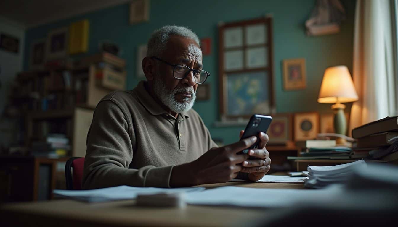 An elderly man looks at his phone with concern in a cluttered room filled with books and papers about Bitcoin. Older man using smartphone in cozy home office or living space, surrounded by books and papers, with warm lighting creating a relaxed and contemplative atmosphere.