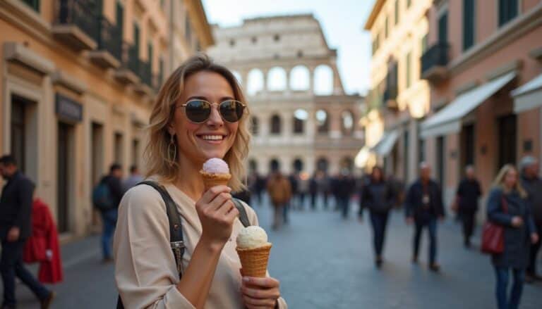 Delighted woman enjoying ice cream cones on a busy city street in Rome, Italy, with the Colosseum in the background, showcasing travel, leisure, and Italian culture.