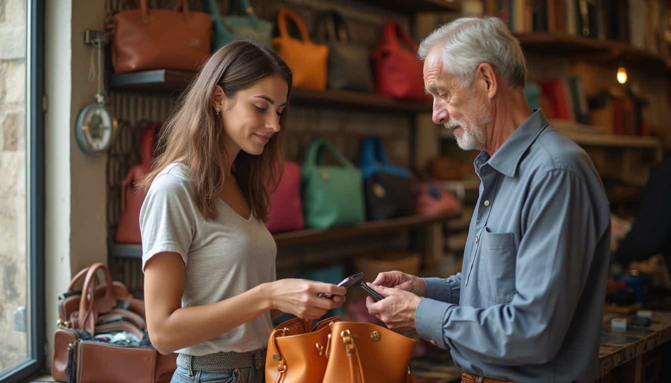 Handbag shopping, young woman and older man using smartphones at boutique, fashion accessories store, casual shopping, accessories display, modern shopping experience, stylish handbags, customer service, retail store ambiance, Unfinished Man relevance.