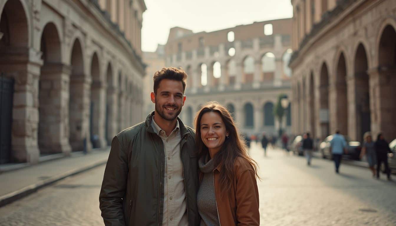 Young couple smiling outdoors in a historic city street, enjoying their time together.