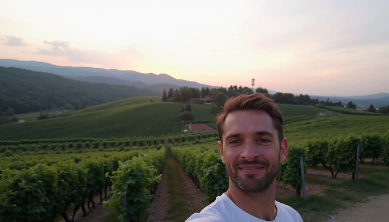 Vineyard landscape at sunset with a smiling man taking a selfie in the foreground, showcasing picturesque rolling hills and lush green grapevines, perfect for wine enthusiast content.