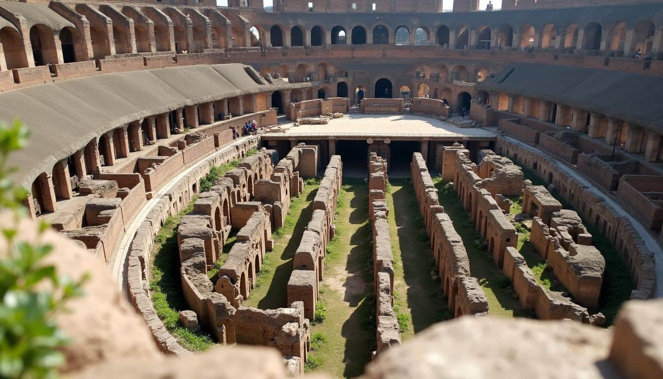 Ancient Roman amphitheater ruins showcasing historical architecture and archaeological site exploration.