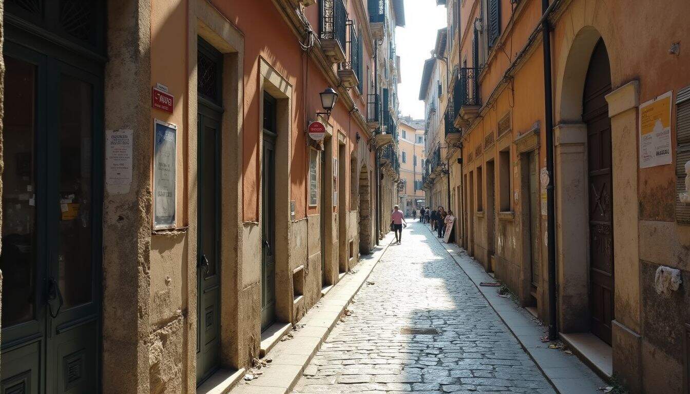 Cobbled narrow street in Europe with colorful old buildings, small shops, and pedestrians enjoying a sunny day in a historic neighborhood.