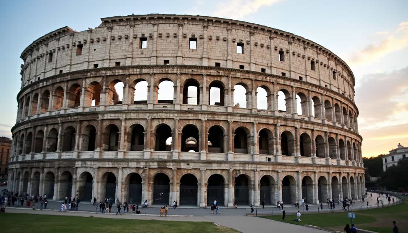 Ancient Roman Colosseum in Rome, Italy during sunset, showcasing its iconic arches and historical architecture, popular tourist attraction and symbol of ancient Rome.