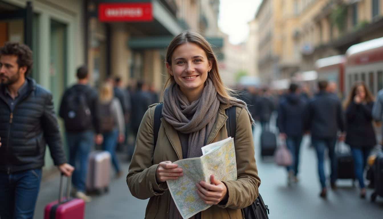 Bright young woman exploring a city street with a map, smiling confidently, surrounded by bustling urban environment, casual travel attire, and vibrant atmosphere.