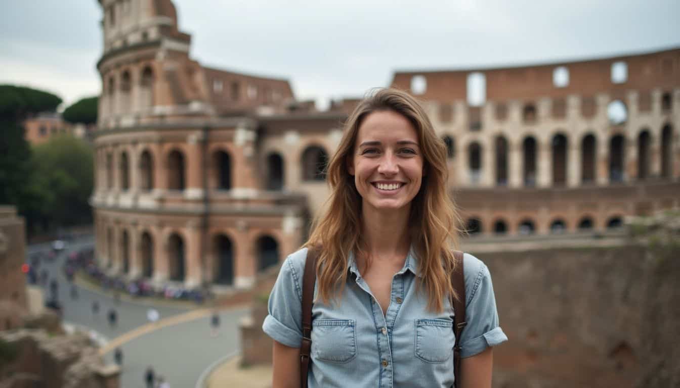 Bright smiling woman visiting historic Roman architecture in Rome, Italy, capturing a joyful travel moment at the Colosseum, emphasizing adventure, culture, and tourism.