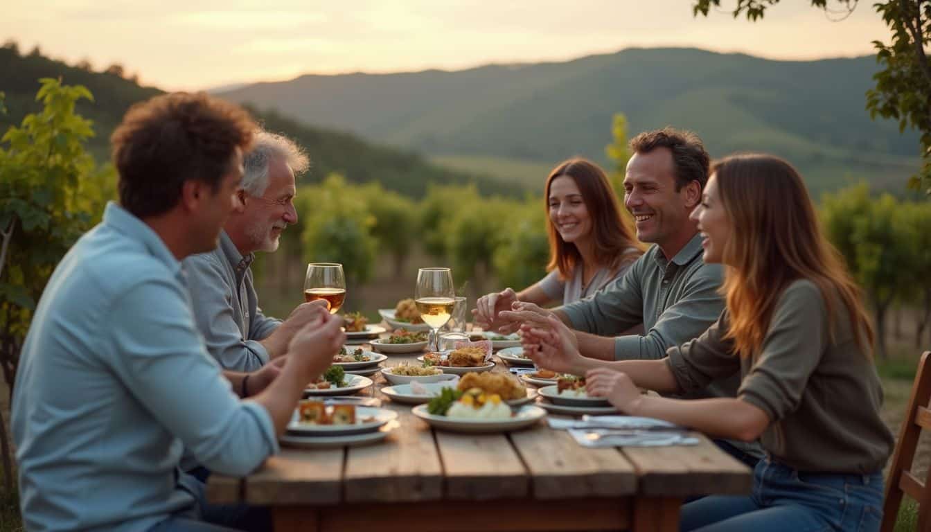 Relaxed family dinner outdoors with friends enjoying food and drinks in a scenic vineyard setting at sunset.
