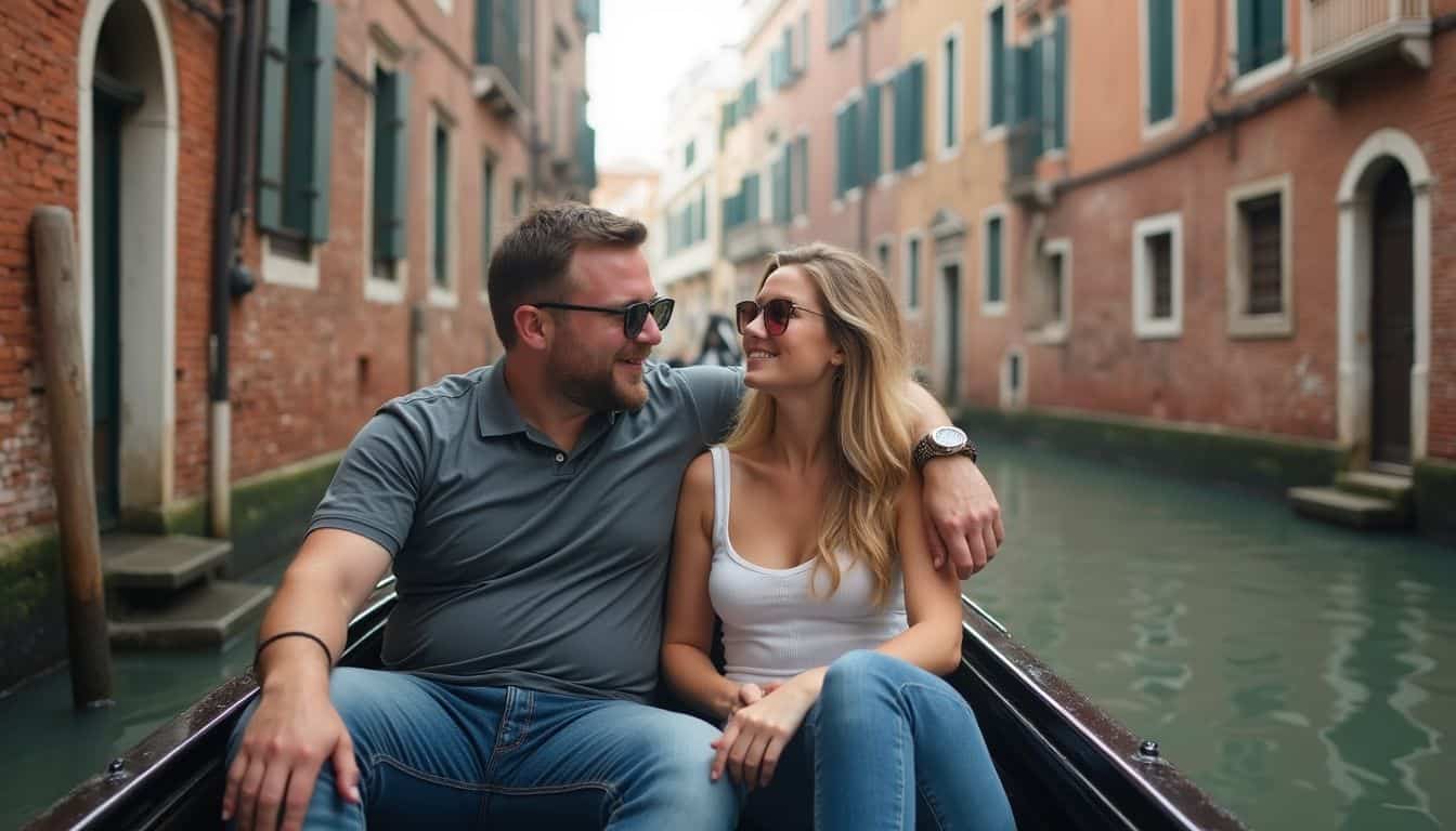 Romantic couple enjoying a gondola ride through Venice canals, Italy, with historic brick buildings in the background, capturing a scenic moment of travel and love.