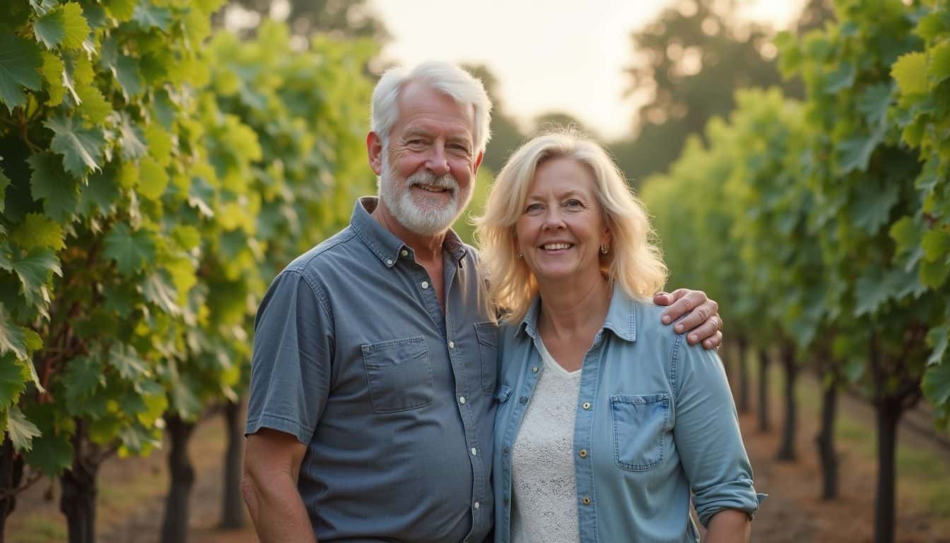 Senior couple enjoying a walk in a vineyard during sunset, smiling and happy, representing leisure, aging gracefully, and outdoor lifestyle.
