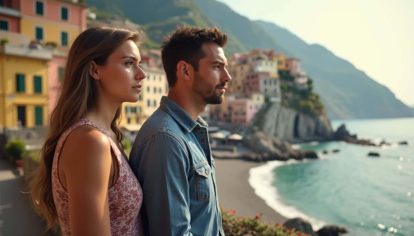 Serene coastal scene featuring a young couple enjoying the scenic view of colorful seaside houses and the ocean, perfect for travel, romance, and lifestyle content.