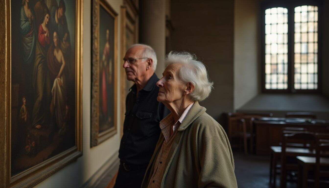 Elderly couple viewing religious paintings in a church art gallery, appreciating spiritual artwork, serene moment, cultural experience, elderly visitors, historic church setting, religious art appreciation.
