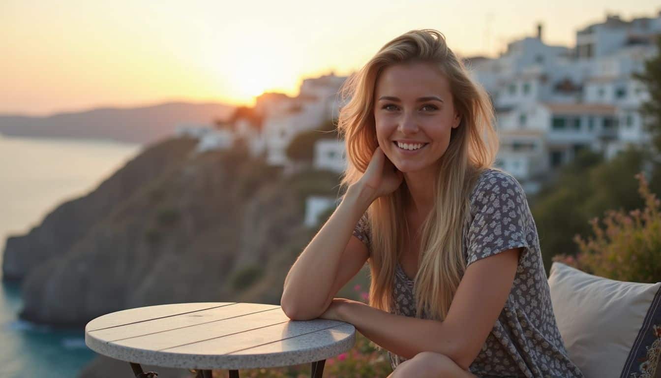Luxurious seaside woman enjoying sunset at outdoor table, smiling at camera, scenic coastal background, vacation leisure, summer trip, casual fashion, relaxed vacation vibe, warm sunlight.
