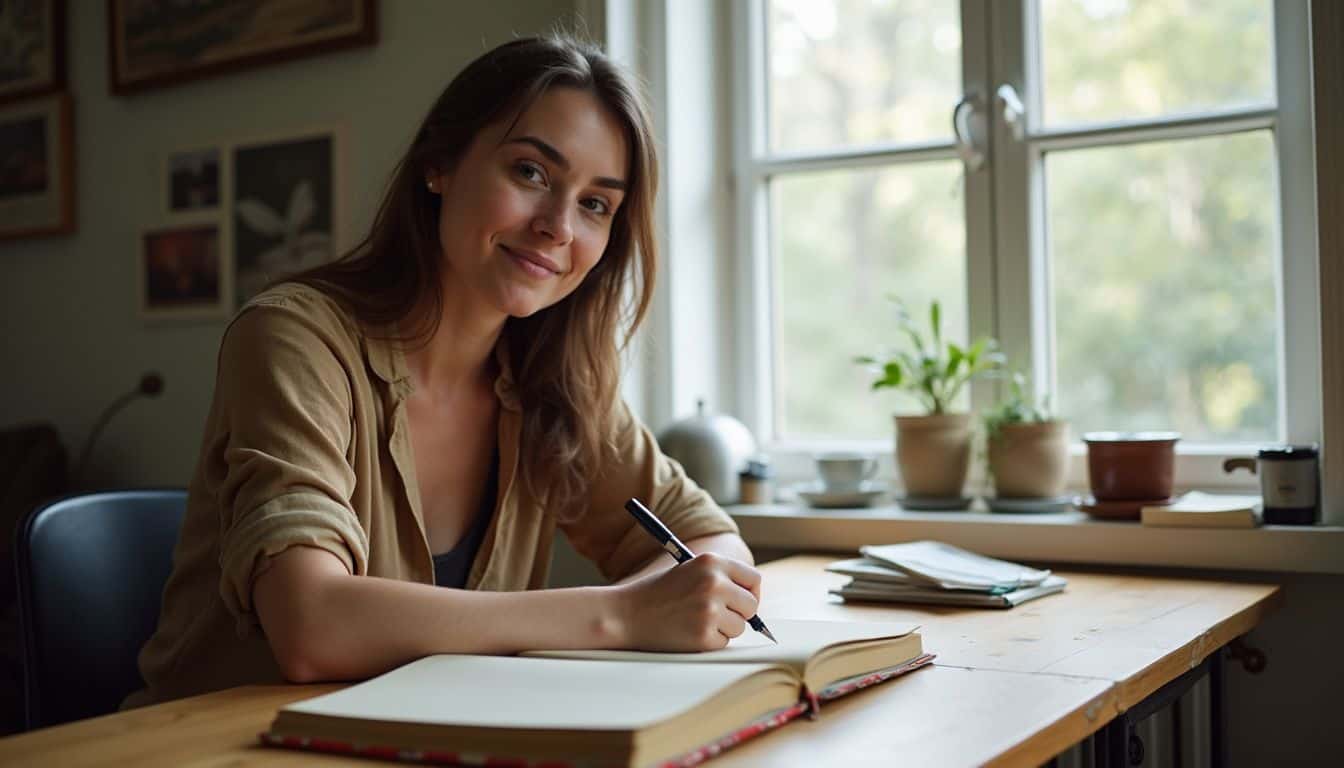 Young woman sitting at a wooden table, writing in a notebook with a pen, in a cozy room with natural sunlight, indoor plants, and framed photos on the wall.
