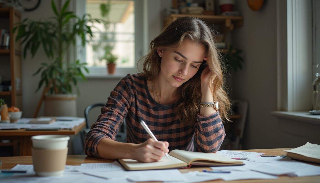 Young woman studying at home with books and notes, focused and deep in thought. Cozy indoor workspace with natural light, ideal for productive study sessions and personal development.
