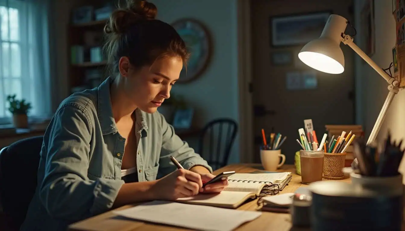 Focused woman studying at a cluttered desk with books and stationery, in a cozy home office with warm lighting and a bookshelf in the background, capturing a moment of concentration and learning, perfect for men's lifestyle and productivity content.