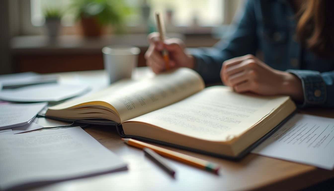 A person studying with an open book on a wooden desk, surrounded by papers and pens, in a well-lit room with potted plants in the background.