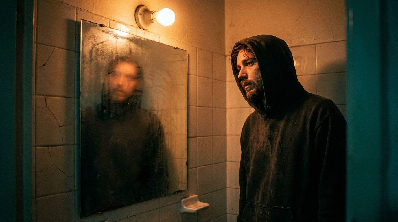 A moody, atmospheric shot of a man looking into a mirror, representing depersonalization. A man with a hood stands in a solitary bathroom, gazing at his blurred reflection in a cracked mirror under warm, moody lighting, evoking themes of introspection, solitude, and personal struggle.