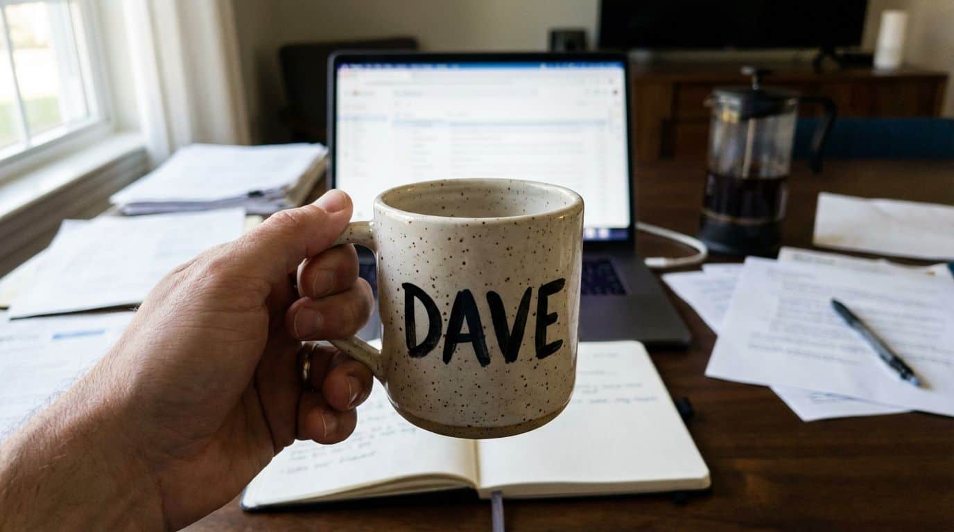 Coffee mug labeled "DAVE" resting on a desk cluttered with papers, a laptop, and a pen, representing a typical work or study environment for professionals or students.