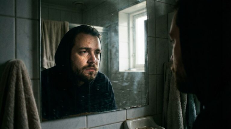 Reflective man in a bathroom looking at his face, expressing loneliness and introspection, emphasizing mental health awareness.